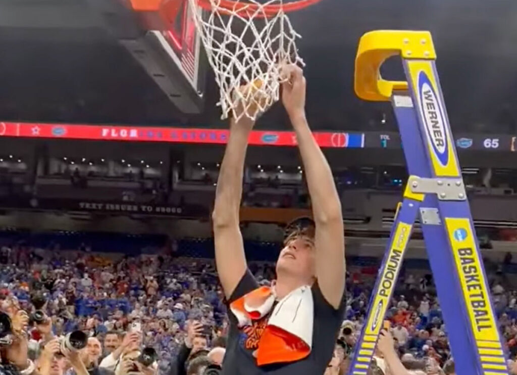 7’9” Florida Gators Player Olivier Rioux Cuts Down Net Without Ladder After Championship Win