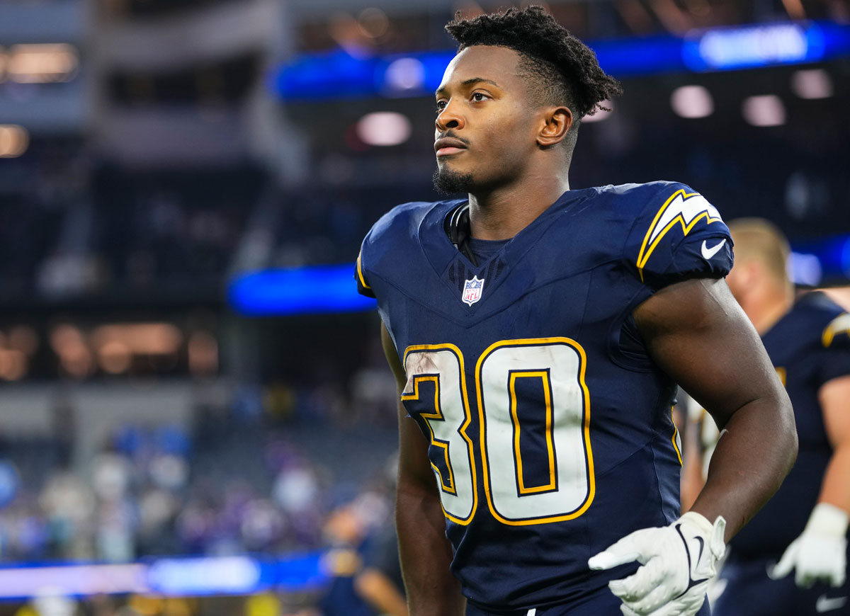 INGLEWOOD, CA - OCTOBER 23: Kimani Vidal #30 of the Los Angeles Chargers exits the field after an NFL football game against the Minnesota Vikings at SoFi Stadium on October 23, 2025 in Inglewood, California. (Photo by Cooper Neill/Getty Images)