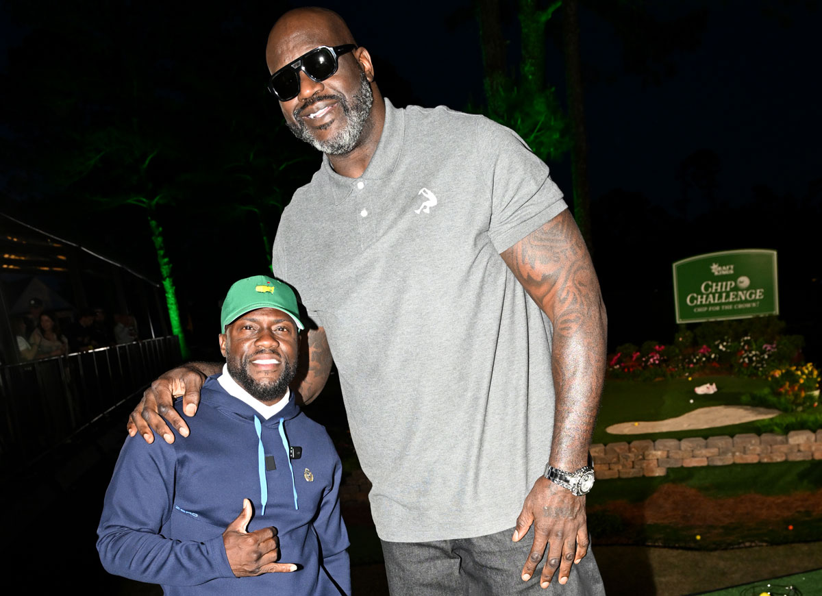 5’2” Kevin Hart Poses With 7’1” Shaquille O’Neal, Serves As Caddie For Bryson DeChambeau During Masters Par 3