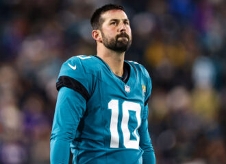 JACKSONVILLE, FL - DECEMBER 17: Brandon McManus #10 of the Jacksonville Jaguars looks on from the field during an NFL football game against the Baltimore Ravens at EverBank Stadium on December 17, 2023 in Jacksonville, Florida. (Photo by Perry Knotts/Getty Images)