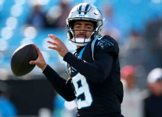 CHARLOTTE, NORTH CAROLINA - JANUARY 07: Bryce Young #9 of the Carolina Panthers warms up before the game against the Tampa Bay Buccaneers at Bank of America Stadium on January 07, 2024 in Charlotte, North Carolina. (Photo by Jared C. Tilton/Getty Images)