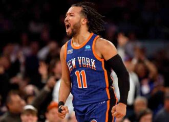 NEW YORK, NEW YORK - JANUARY 20: Jalen Brunson #11 of the New York Knicks reacts after making a three-point shot during the second half against the Toronto Raptors at Madison Square Garden on January 20, 2024 in New York City. The Knicks won 126-120. (Photo by Sarah Stier/Getty Images)