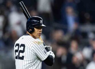 NEW YORK, NEW YORK - APRIL 10: Juan Soto #22 of the New York Yankees at bat during the eighth inning of the game against the Miami Marlins at Yankee Stadium on April 10, 2024 in the Bronx borough of New York City. (Photo by Dustin Satloff/Getty Images)